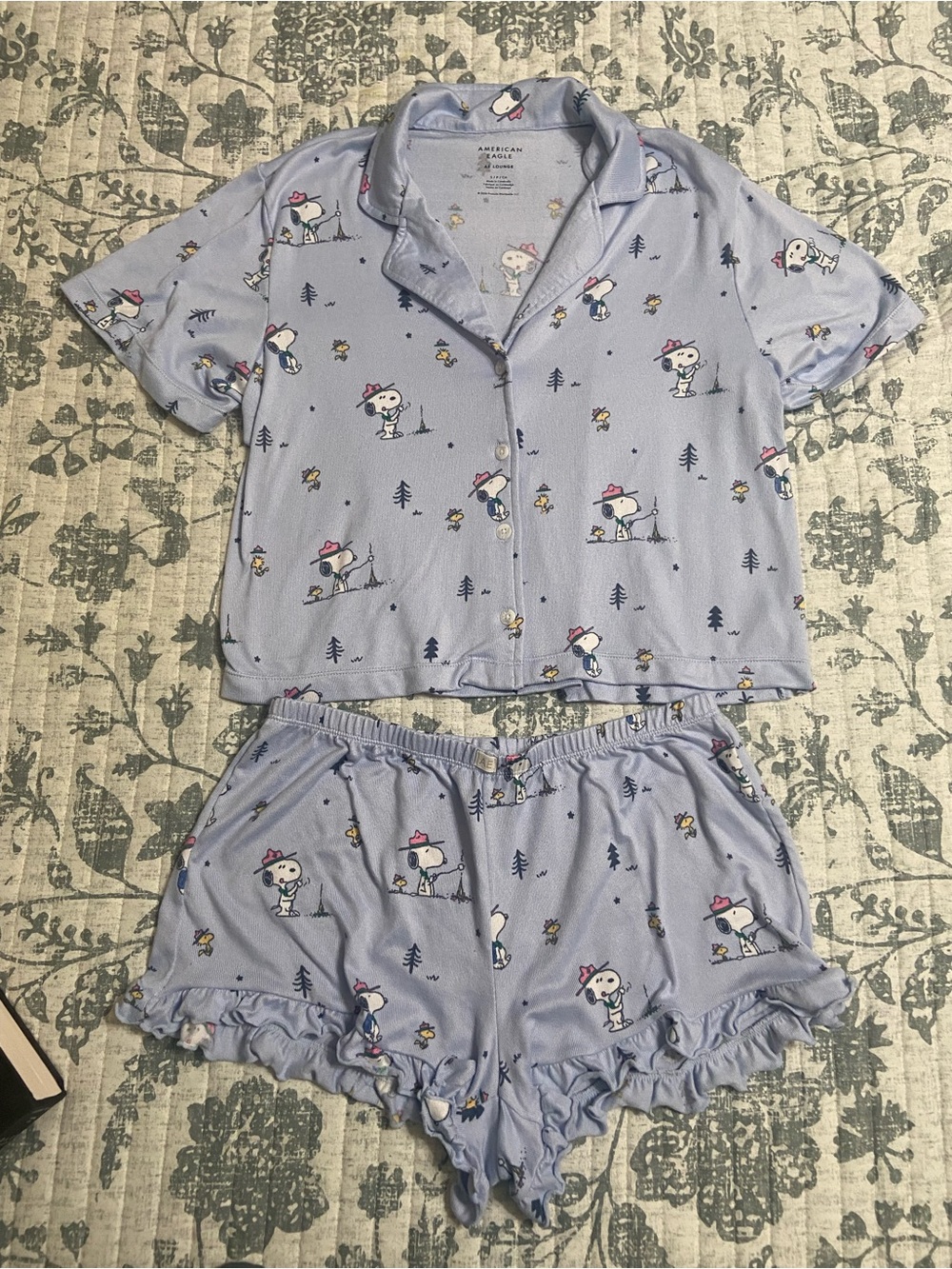 American Eagle Outfitters Light Blue Snoopy Pajama Short Set